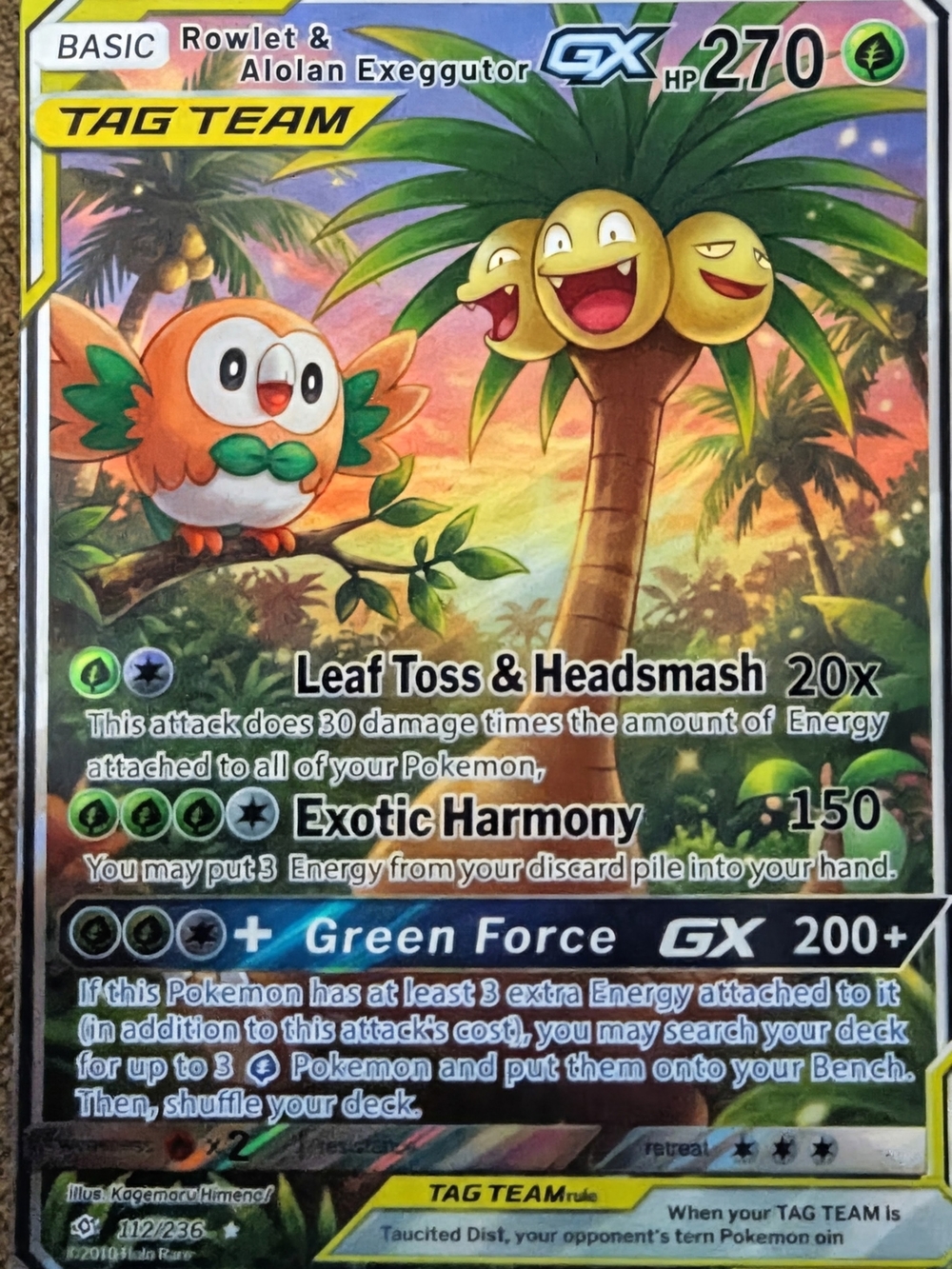 Rowlet & Alolan Exeggutor GX Tag Team FAN ART Card - Green